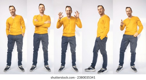 Real emotions. Collage of handsome young man expressing different emotions while standing against white background., fotografie de stoc