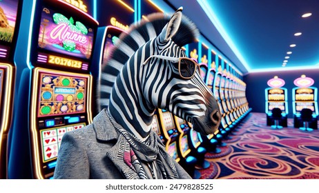A realistic photograph of a Zebra dressed as a trendy African woman with sunglasses (head of a zebra and body of a black woman) in a virtual online casino setting with neon-coloured slot machines.