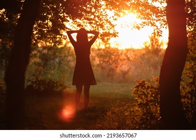 暗い森の中に一人で立つ若い幸せな女性のリアシルエットビューと両手を上げて夏の夜を楽しんで。勝利と成功のコンセプトの写真素材