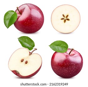 Red apple collection Clipping Path. Ripe apple fruit and half isolated on white background with clipping path. Stock-foto
