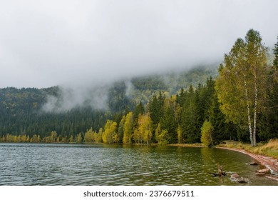 reflections with forest in autumn lake, Sf Ana lake, fotografie de stoc