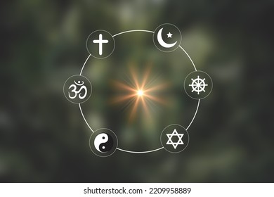 Religious symbols. Christianity cross, Islam crescent, Buddhism dharma wheel, Hinduism aum, Judaism David star, Taoism yin yang, world religion concept. Prophets of all religions bring peace to world. Stock Photo