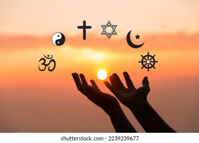 Religious symbols. Christianity cross, Islam crescent, Buddhism dharma wheel, Hinduism aum, Judaism David star, Taoism yin yang, world religion concept. Prophets of all religions bring peace to world., fotografie de stoc