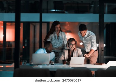 Research, laptop and business people in office at night with stock market charts for corporate investment. Discussion, computer and financial advisors working on company profit report with deadline. Adlı Stok Fotoğraf
