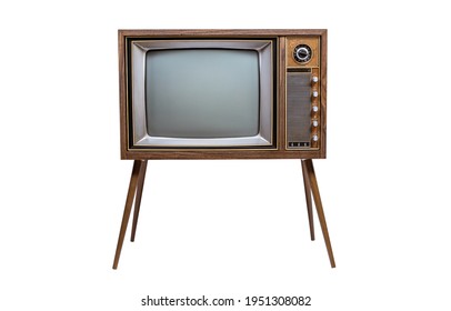 Retro old television with clipping path isolated on white background. TV standing and blank screen, antique, technology  Stock Photo