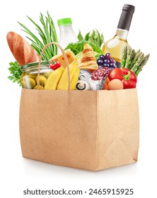 Reusable paper shopping bag with fresh organic vegetables, fruits and other grocery products on white background. File contains clipping path. – Ảnh có sẵn