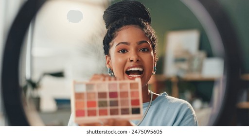 Ring light, live streaming and woman in home with cosmetics for social media and recording video tutorial. Beauty influencer, gen z girl and online broadcast for content creation with makeup review Arkistovalokuva
