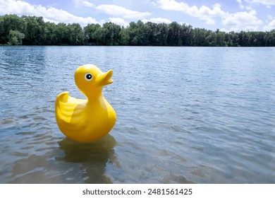 Rubber duck floating on water in lake under cloudy sky: stockfoto