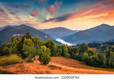 Rural summer scene of the shoere of Lacul Dragan lake, Cluj County, Romania, Europe. Superb sunrise on Apuseni Mountains. Beauty of nature concept background. Foto Stok