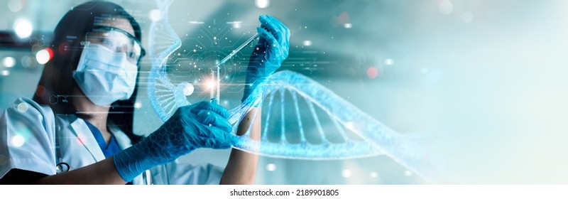 과학자들은 분자 모델, DNA, 인간 생물학, 유전자 연구, 실험실, 의학과 생명공학에서 분자와 원자를 가진 과학을 실험하고 연구하고 있습니다. 스톡 사진