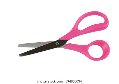 Scissors with pink plastic handel isolated on white background Stock-foto