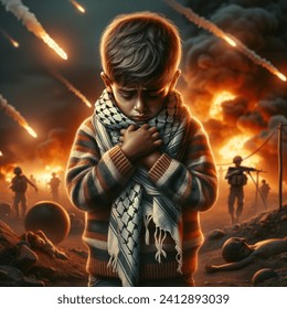 sad Child from Palestine, Gaza, wearing scarf, fire, explosions, background