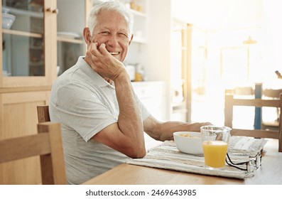 Senior, man and happy with portrait at breakfast in dining room for nutrition. healthy meal and retirement. Elderly, person and smile in home with porridge, relax and morning routine in apartment स्टॉक फोटो