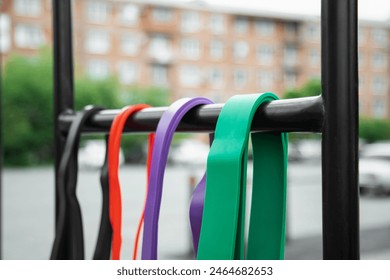  set of colorful elastic fitness bands . fitness trend for home workouts. Close up view  Arkistovalokuva