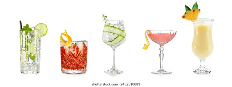Set of classic cocktails isolated on white background. Beverages menu banner. 库存照片