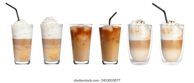 Set of different coffee drinks drinks in cup and glasses on white background