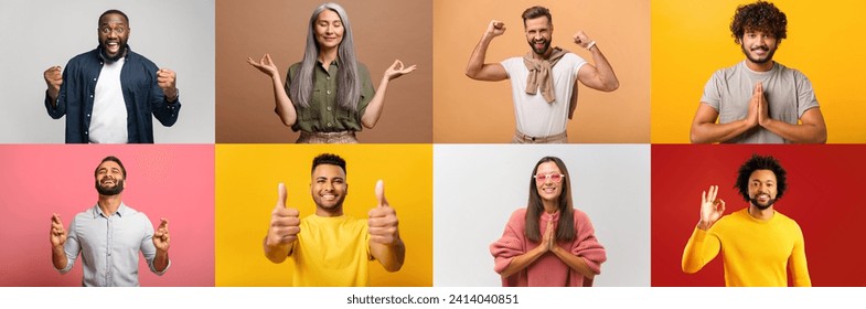 The set features eight individuals, each showing positive gestures such as thumbs-up or a prayer sign, set against various colored backgrounds, reflecting themes of positivity, approval, and gratitude Arkistovalokuva