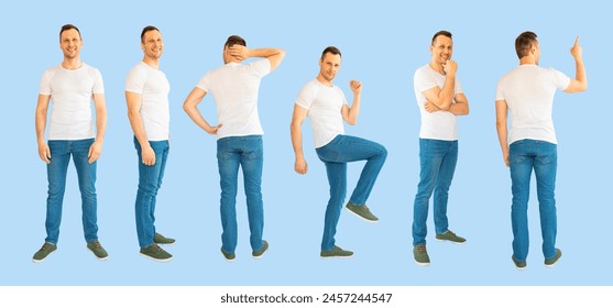 Set of mid adult full length portraits doing different gestures studio isolated on white background. Stock-foto