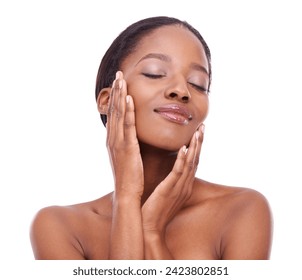 Skincare, hands and beauty of black woman with eyes closed for glow isolated on a white studio background. Touch, makeup and model in cosmetics, dermatology and spa facial treatment for smooth skin Stockfotó