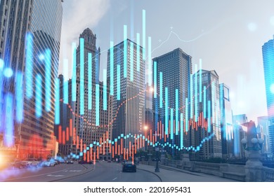 Skyscrapers Cityscape Downtown View, Chicago Skyline Buildings. Beautiful Real Estate. Day time. Forex Financial graph and chart hologram. Business education concept. Foto stock