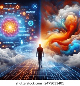 Show a realistic person standing between two thoughts; The complete re-ystemization of reality through virtualization and unlimited possibilities, especially AI?sequence: Seamless Consumer: individualization! flexibility, flow, development

In return, a