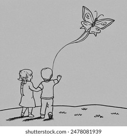 A simple black and white line drawing of toddler boy and girl holding hands, viewed from behind and slightly to the right, looking up a hill, flying a kite together in the shape of a butterfly.  the kite is a paper kite butterfly. white background, blue