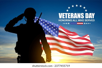 Silhouette of soldier with USA flag against the sunset. Greeting card for Veterans Day, Memorial Day, Independence Day Stock fotografie