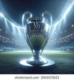 slow me the UEFA champions league trophy in a football ground background AT NIGHT