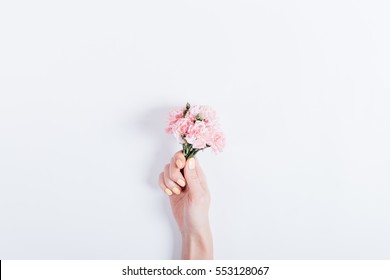 Piccolo bouquet di garofani rosa in mano di una donna con smalto giallo su uno sfondo bianco, spazio di copia Foto stock