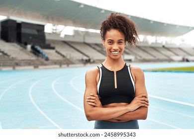 Smile, black woman or athlete portrait on sports track for fitness, running and training for competition. Female person, sportswear and outdoor on marathon field for workout, exercise and health स्टॉक फ़ोटो
