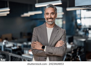 Smiling middle aged ceo business man looking at camera, portrait. Confident happy mature older professional businessman executive manager, successful lawyer in suit standing arms crossed in office. Arkistovalokuva