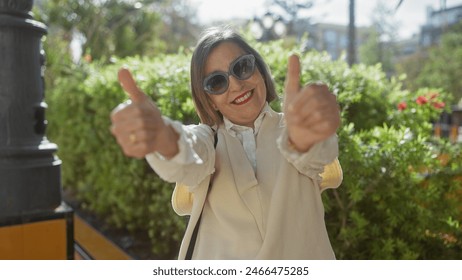 A smiling middle-aged woman gives thumbs up in a sunny urban park, portraying positivity and confidence. - Φωτογραφία στοκ