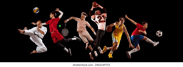 Sport collage. Active, young people, professional sportsmen of different kinds of sport training against white background. Concept of healthy lifestyle, professional sport, team, fitness. Ad Stockfoto