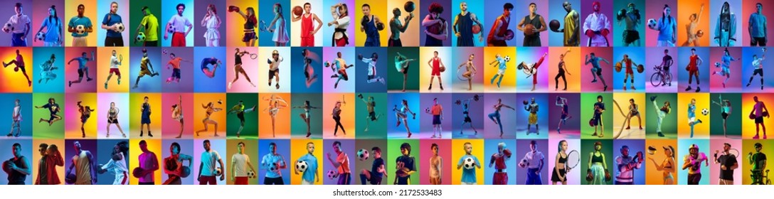 Sport collage of professional athletes on gradient multicolored neoned background. Concept of motion, action, active lifestyle, achievements, challenges. Football, soccer, basketball, tennis, boxing. Foto Stock