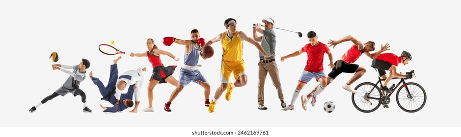 Sport collage. Various sports from soccer to fencing, capturing intense motion and diversity of athletics against white background. Concept of healthy lifestyle, professional sport, team, fitness. Ad Stockfoto