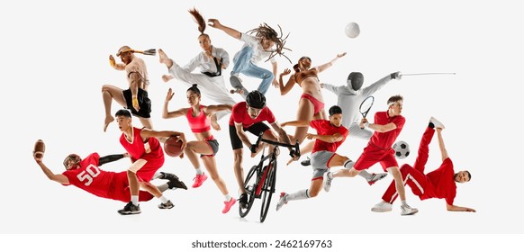Sport collage. Young people, athletes in mid-action across multiple sports, emphasizing movement and skill against white background. Concept of healthy lifestyle, professional sport, team, fitness. Ad Stockfoto