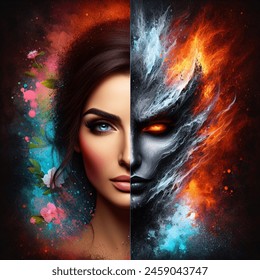Splatter paint vector-style image of face to face half good, half bad, good and evil, brunette, beautiful, front, fire and ice