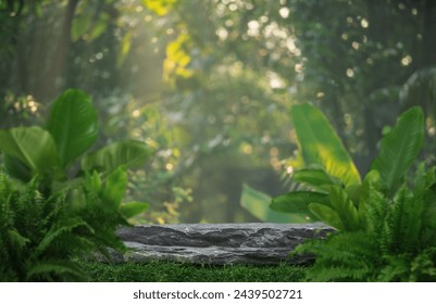 Stone tabletop podium floor in outdoors tropical garden forest blurred green leaf plant nature background.Natural product placement pedestal stand display,jungle paradise concept. ภาพถ่ายสต็อก