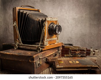 Still image of old camera equipment on old wooden floor Stock Photo