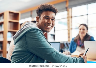 Student, man and happy with portrait in library for writing, scholarship and studying for exam knowledge. Gen z, person and smile for learning, education and research notes for university assessment Adlı Stok Fotoğraf