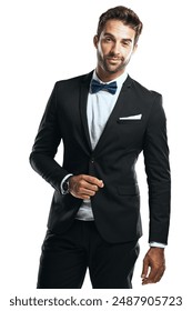 Style, bowtie and portrait of man in studio with elegant, luxury and classy tuxedo for wedding. Fashion, handsome and confident male person from Canada with suit for black tie by white background. Stockfotó