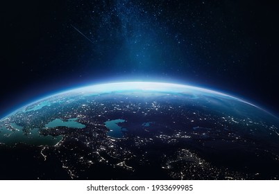 Surface of Earth planet in deep space. Outer dark space wallpaper. Night on planet with cities lights. View from orbit. Elements of this image furnished by NASA Stock Photo