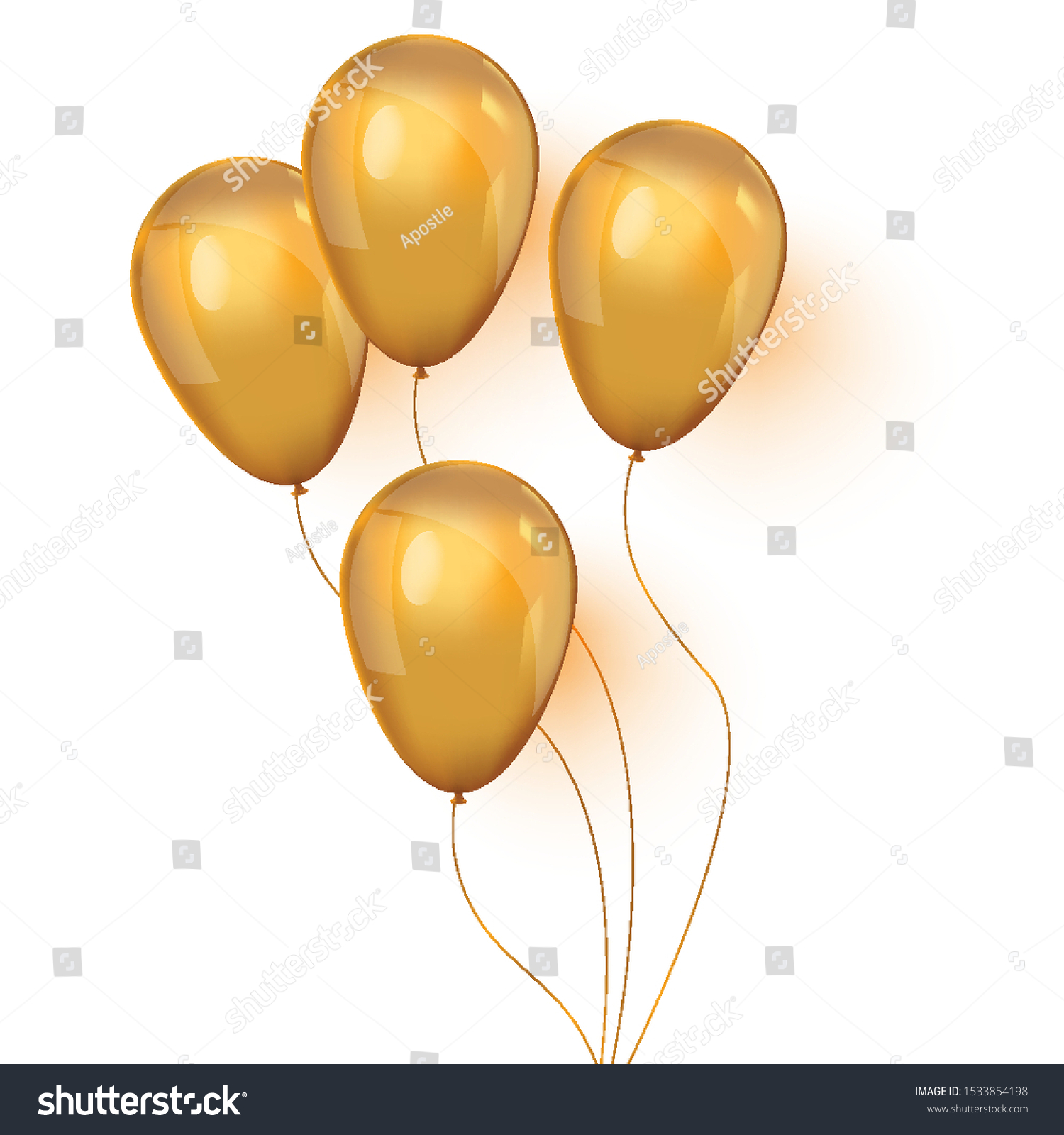 Realistic 3D Gold helium balloons on white background. Set of shiny golden balloons for your design. Glossy gold festive 3d helium ballons.