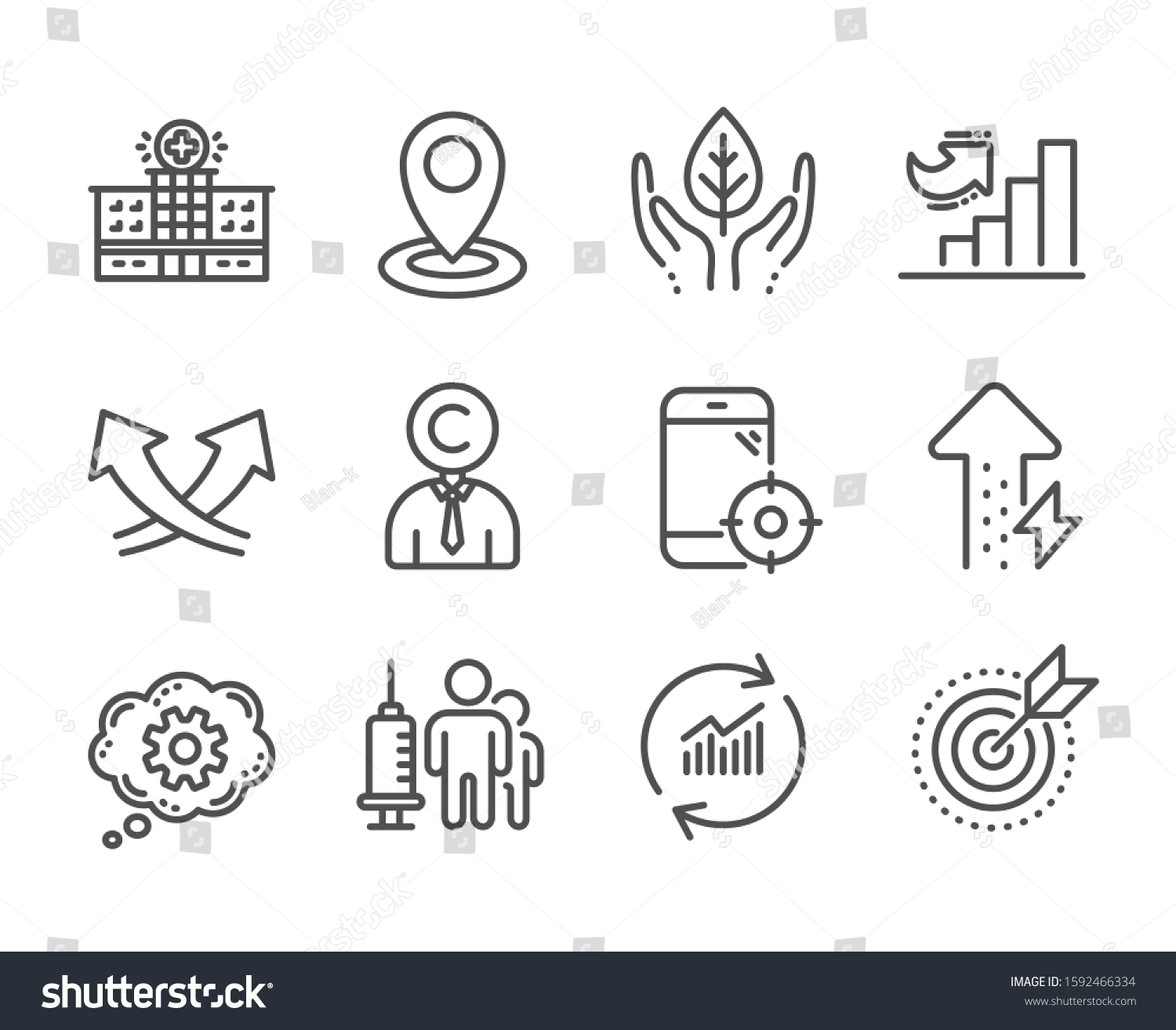 Set of Science icons, such as Copyrighter, Energy growing, Hospital building, Seo phone, Target purpose, Cogwheel, Location, Update data, Medical vaccination, Fair trade, Growth chart. Vector
