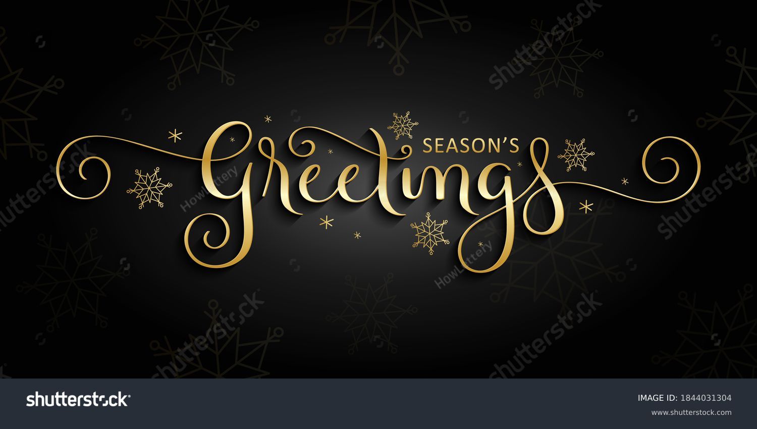 SEASON'S GREETINGS metallic vector gold brush calligraphy banner with spiral swashes on black background Stock Vector