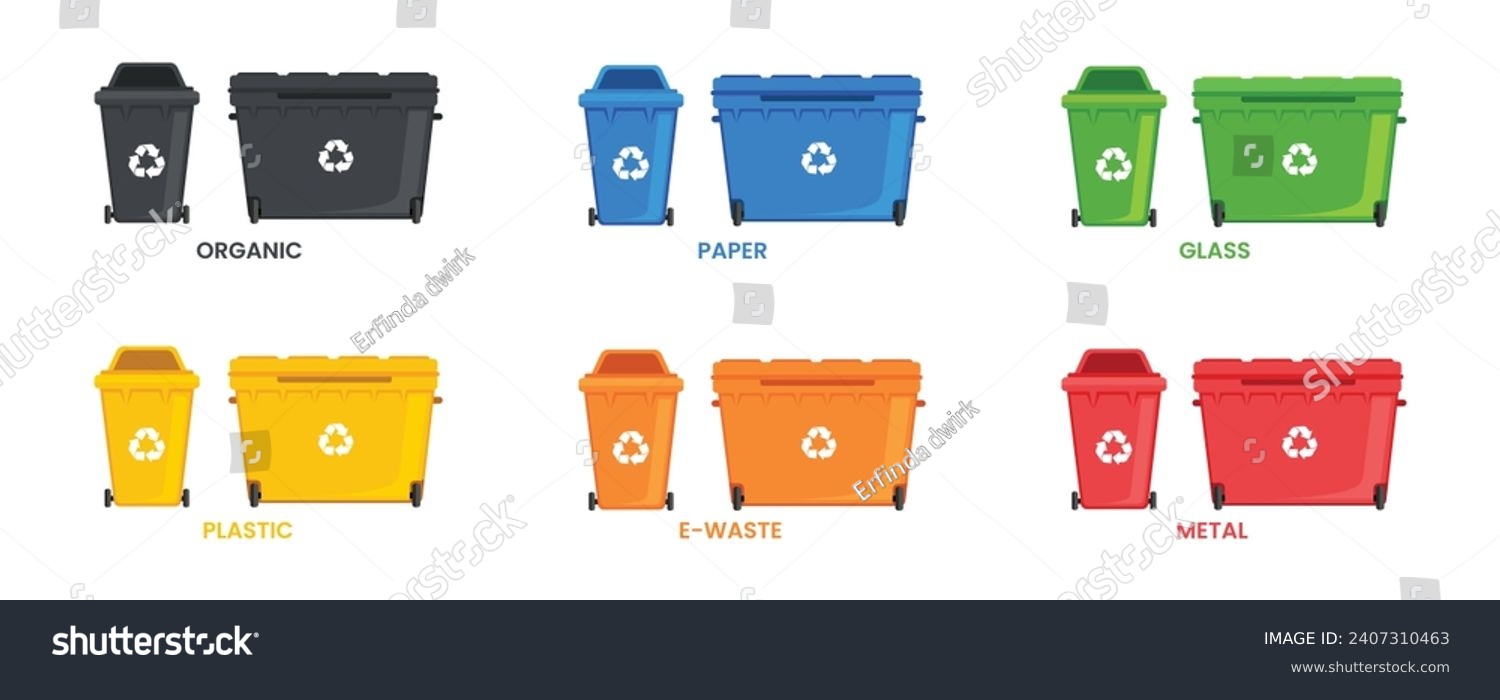 Many garbage cans with sorted garbage. Sorting garbage. Ecology  and recycle. Trash cans. Green, yellow, orange, red, blue and black recycle bins with recycle symbol isolated on white background.