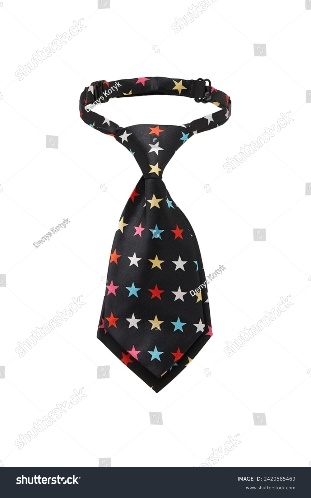 Close-up shot of a short women's tie with a star print. Pre-tied black tie with an adjustable strap is isolated on a white background. Front view.
