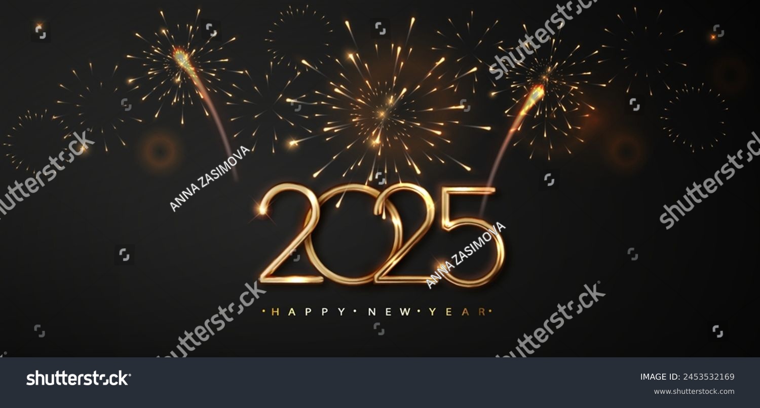 2025 golden on New Year dark background with fireworks. Celebration New Year's Eve. Golden fireworks on dark night sky
