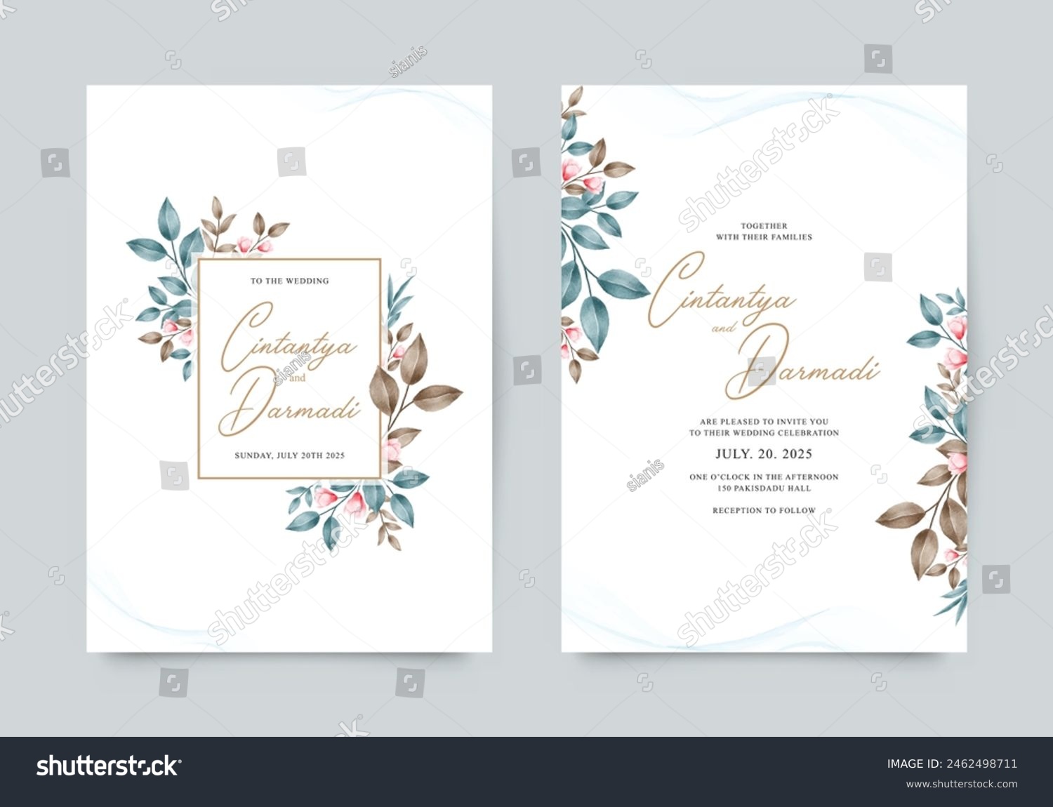 Wedding invitation template with elegant blue leaves decoration