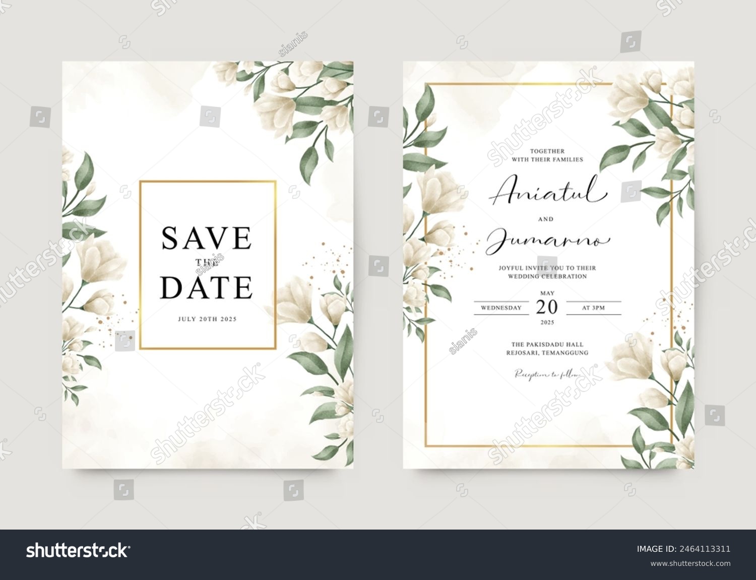 Elegant wedding invitation with gold and floral frame